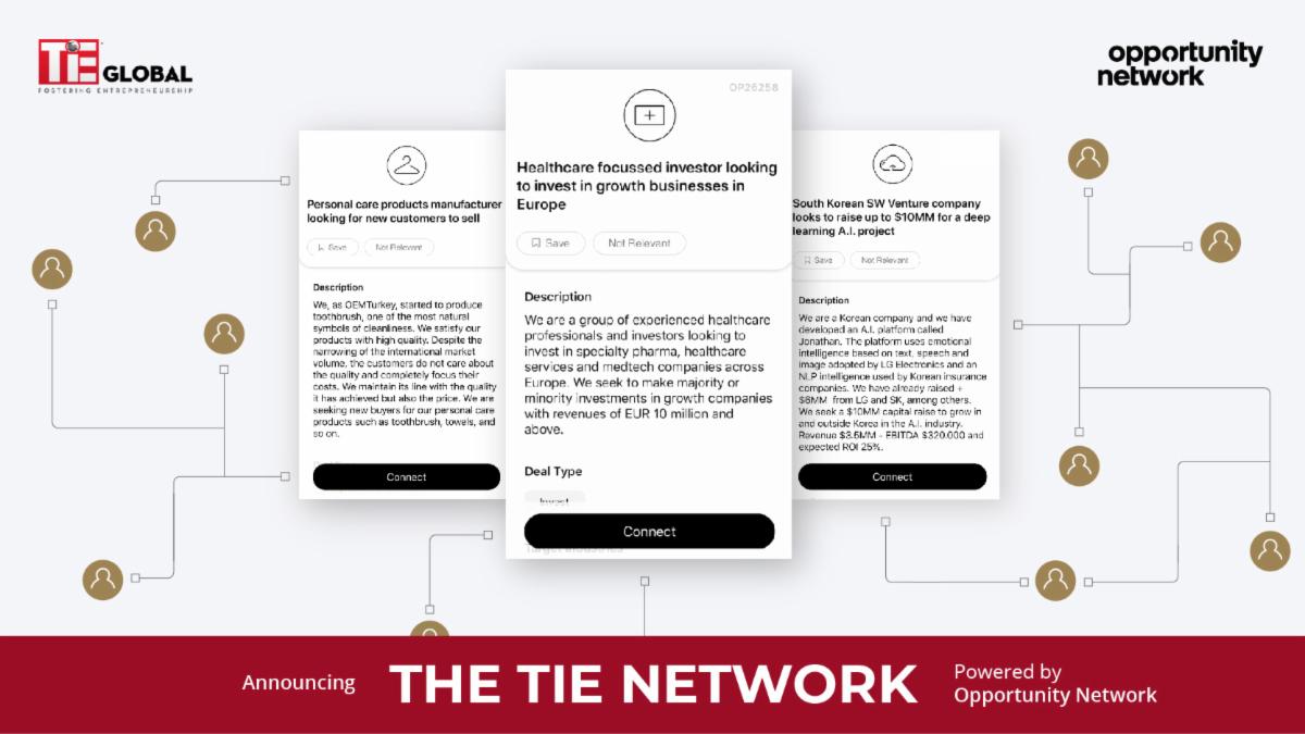 Banner of the TiE Network and Opportunity Network.