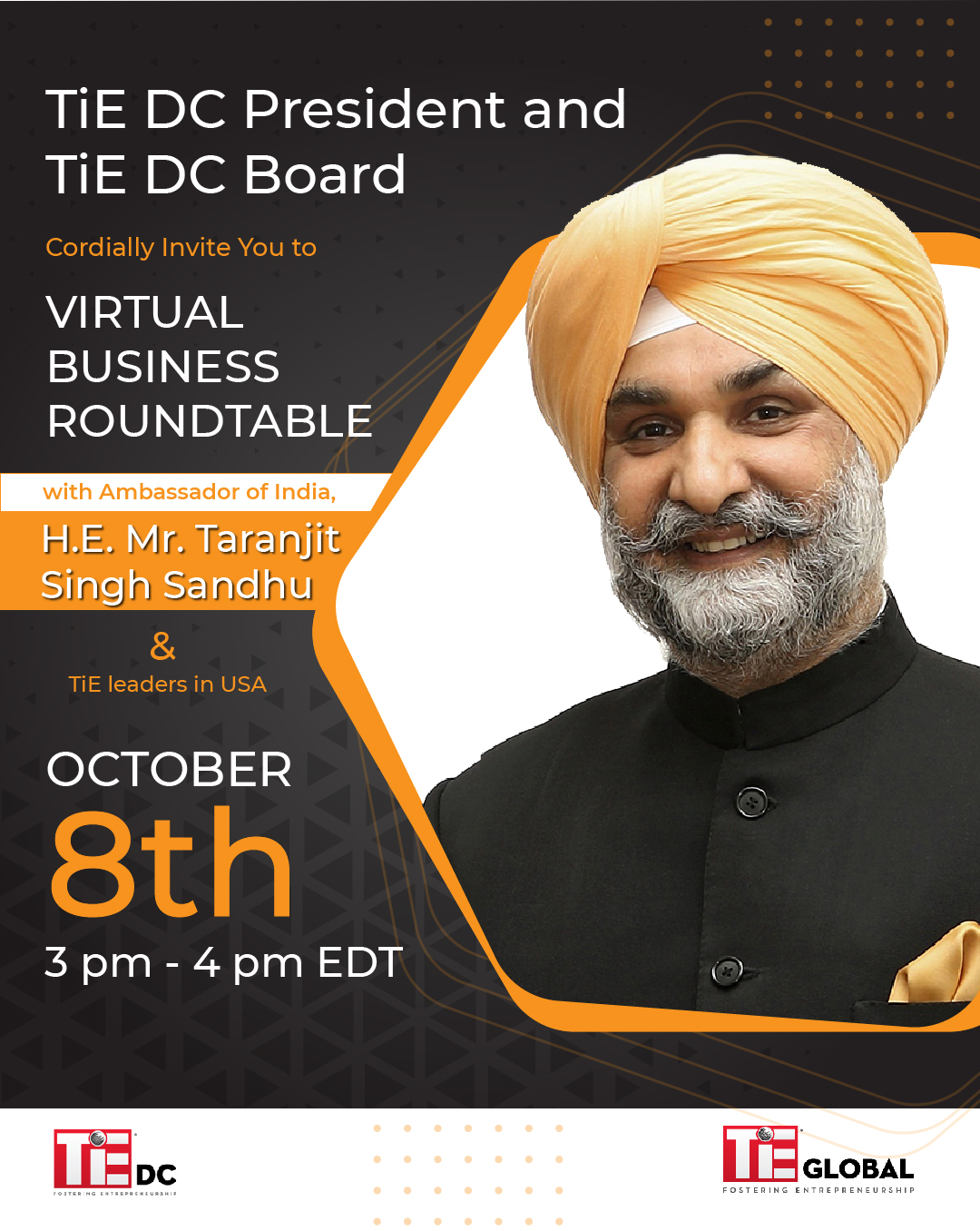 An invite to the Virtual Business Roundtable with Indian Ambassador to USA, H.E. Mr. Taranjit Singh Sandhu.